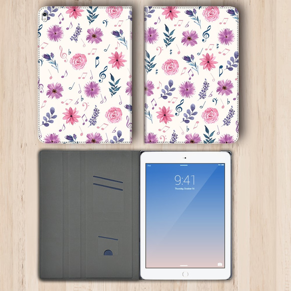 再販♪花と音符シリーズvol.5『初夏のミヤコワスレ』iPadケース タブレット 手帳型 Air5 第5世代 ピアノ 3枚目の画像
