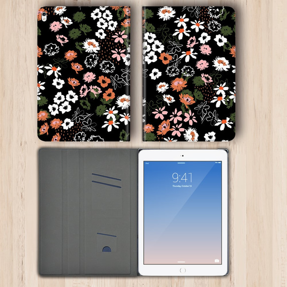 『アネモネやコスモス ブラック 』水彩画シリーズvol.5 android　iPadケース　手帳型　iPadmini5 3枚目の画像