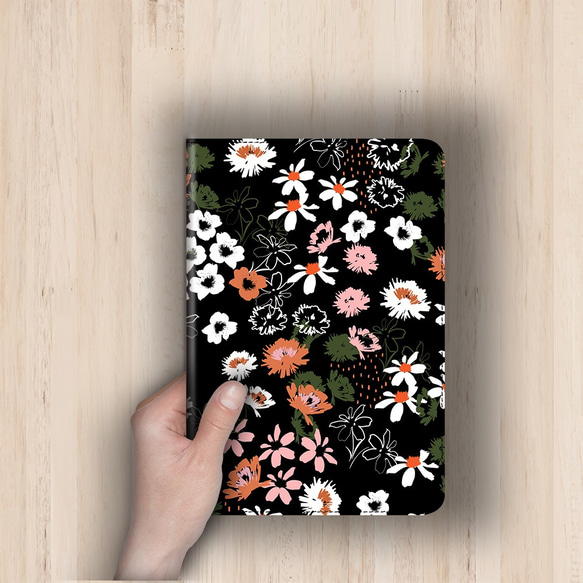 『アネモネやコスモス ブラック 』水彩画シリーズvol.5 android　iPadケース　手帳型　iPadmini5 4枚目の画像