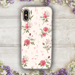 再販♪『柔らかいピンクの薔薇と音符』全面デザイン iPhone ハードケース スマホケース android 1枚目の画像