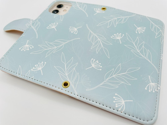 『北欧風リーフパターン』iPhone15/android 多機種対応 スマホケース 手帳型 可愛い 花 春夏 ボタニカル 4枚目の画像