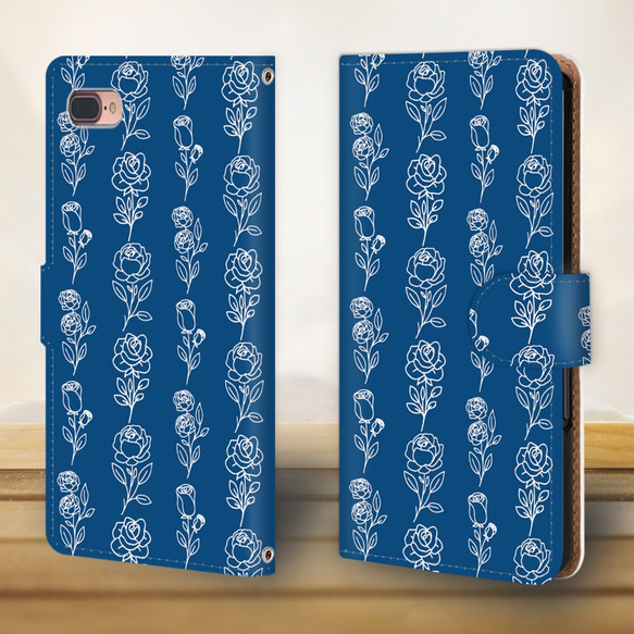 『手描きの薔薇 クラシックブルー』iPhone/android ほぼ全機種対応 スマホケース 手帳型 バラ 4枚目の画像