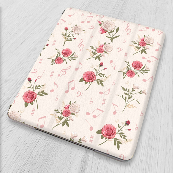 ピンクの薔薇ケースに名前が入れられるipadケース ピンクの薔薇と音符』軽量♪iPadケース スマートケース 花柄 Pro