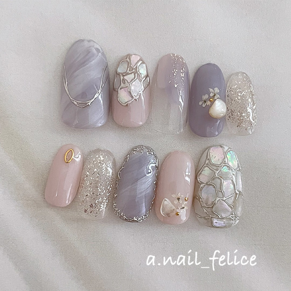 オーダーネイルチップNo.77 大人キレイ シェル ラメ グレージュパール色 オーダーネイルチップNo.77 大人キレイ シェル ラメ グレージュパール