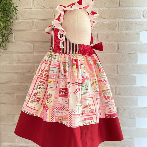 女の子 エプロンドレス アメリカンダイナー風 子供服 ピンク✖️赤 100