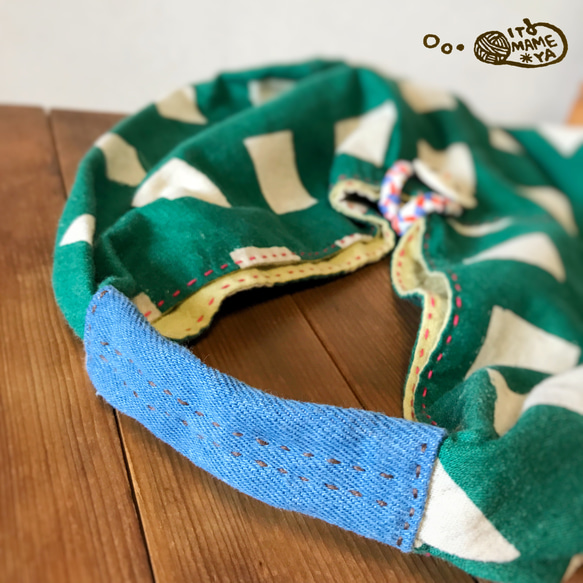 あずま袋バッグ✳︎ 緑　刺し子　手縫いステッチ 5枚目の画像