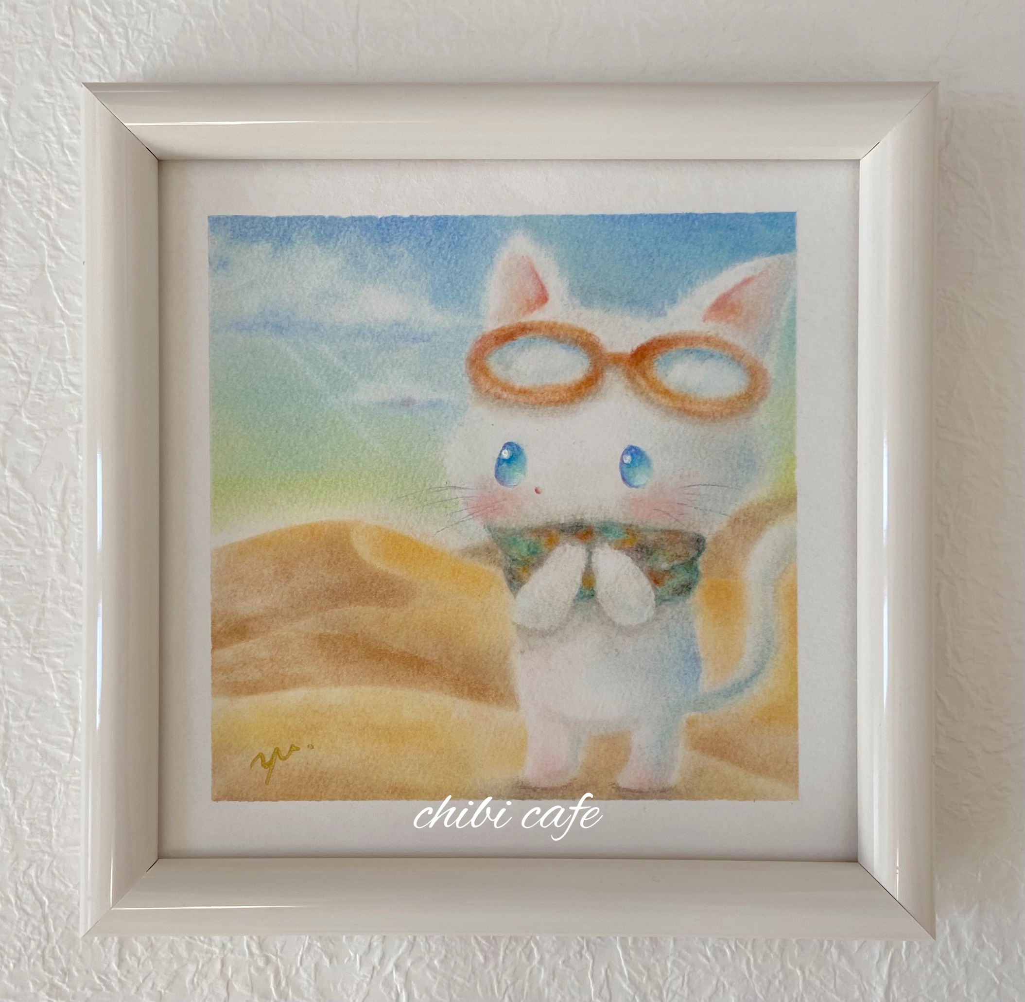 原画】「砂漠を旅する白猫ちゃん」 パステルアート 動物 イラスト 