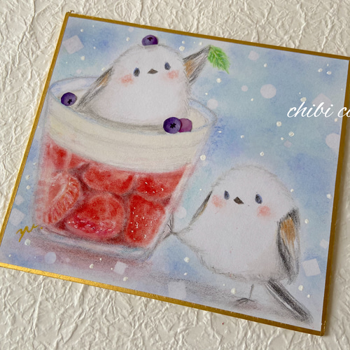 原画】幸せを運ぶ雪の妖精シマエナガさん ミニ色紙 パステル