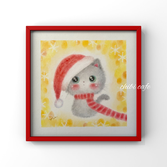 原画】こねこのサンタさん パステルアート イラスト ちびcafeゆう 通販