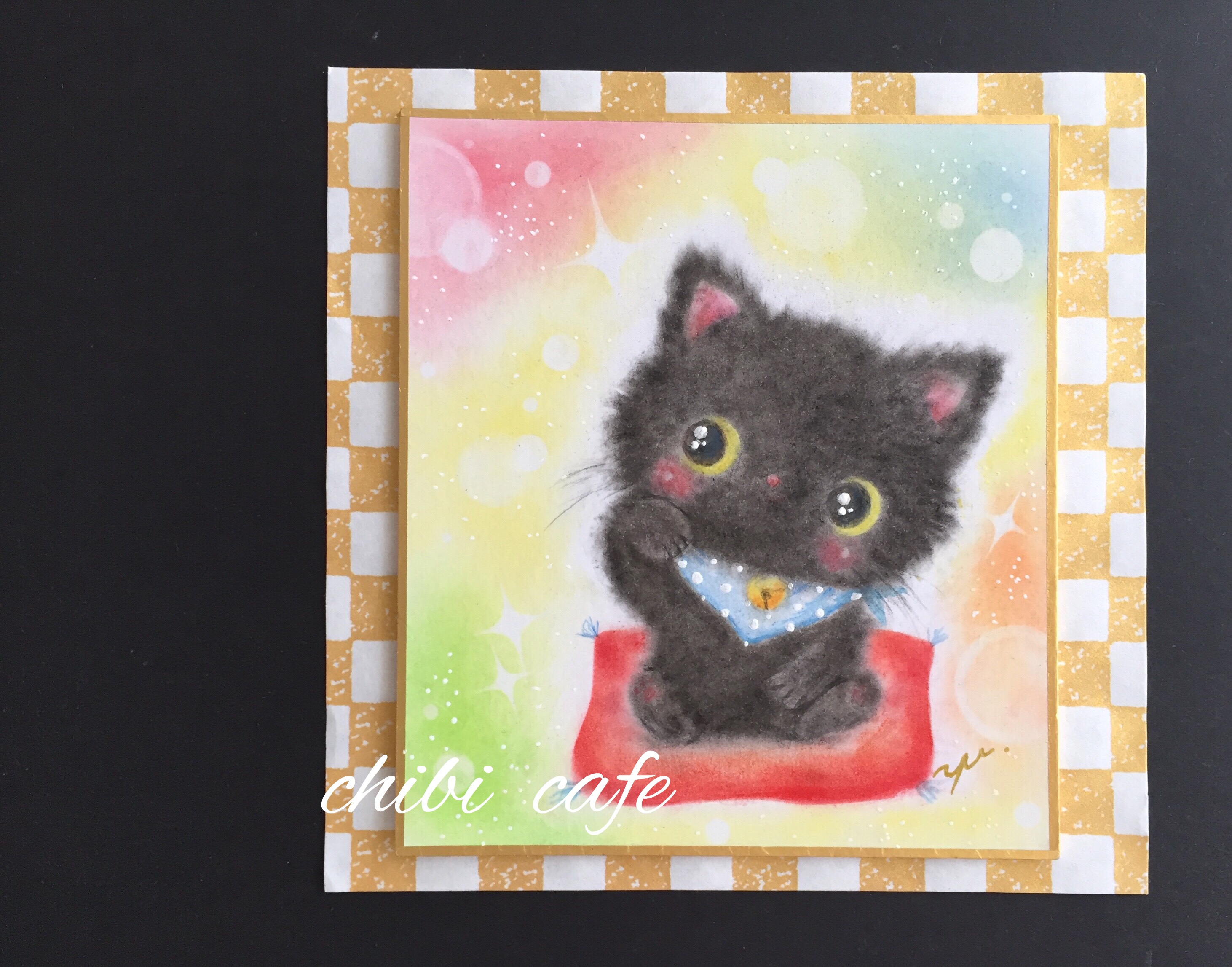 パステル原画】happy招き黒猫ちゃん ねこ パステルアート イラスト 