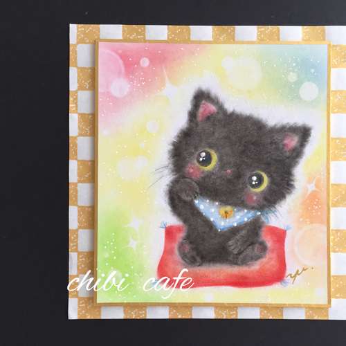 パステル原画】happy招き黒猫ちゃん ねこ パステルアート パステル原画】happy招き黒猫ちゃん ねこ パステルアート