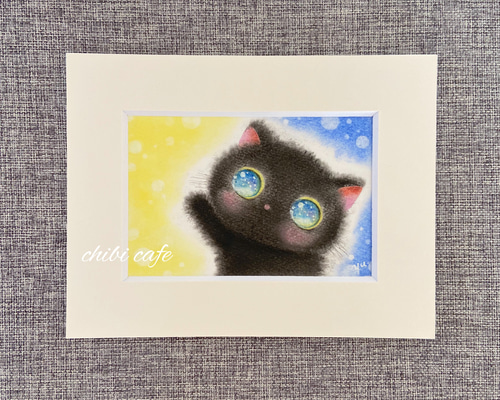黒猫 フレーム付き パステル画 イラスト 猫 絵