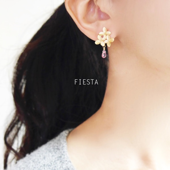 花朵和粉紅色托帕石連體耳環（+耳環可收費） 第4張的照片