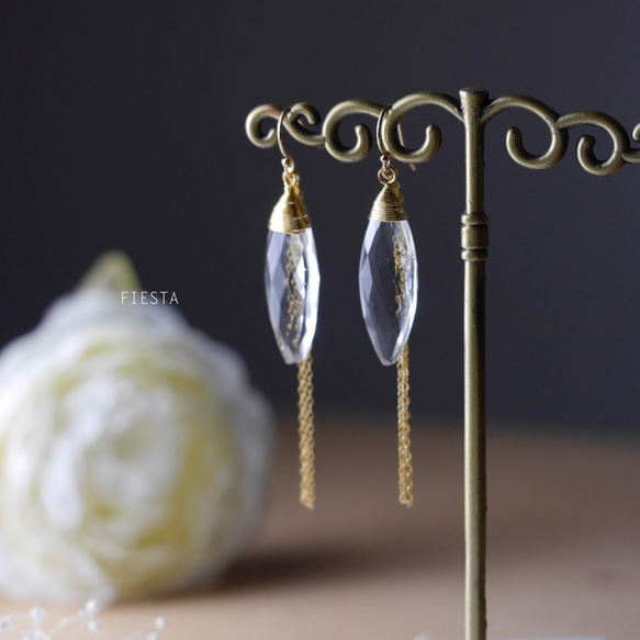 [14kgf]水晶和金鍊簡單耳環（可用耳環） 第1張的照片