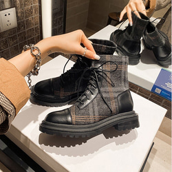 グレー スエード チェック柄 ブーツ ☆20秋冬新作☆チェック柄のデザイン ブーツ レディース ブーツ