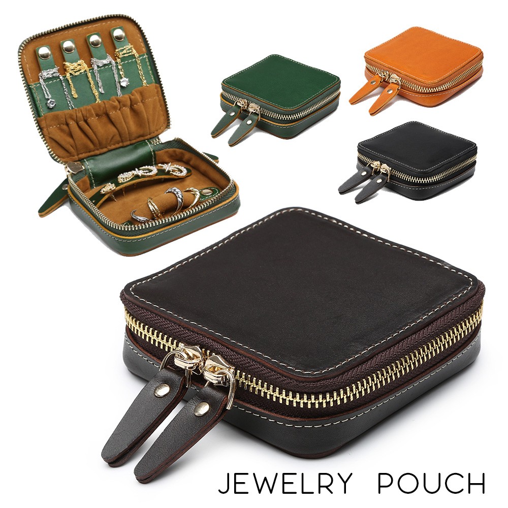 ジュエリーポーチ アクセサリーポーチ 本革 レザー コンパクト ジュエリー アクセサリー ケース 収納 チョコ 113