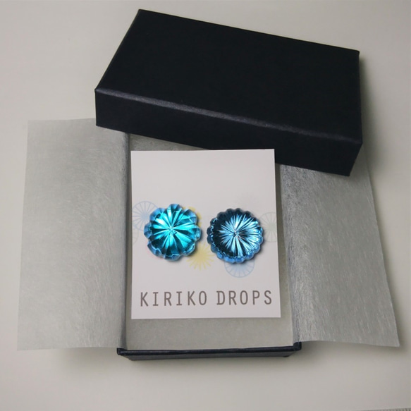 Kiriko Drops  ベネチアガラス切子イヤリング (青緑)  YA-001 4枚目の画像