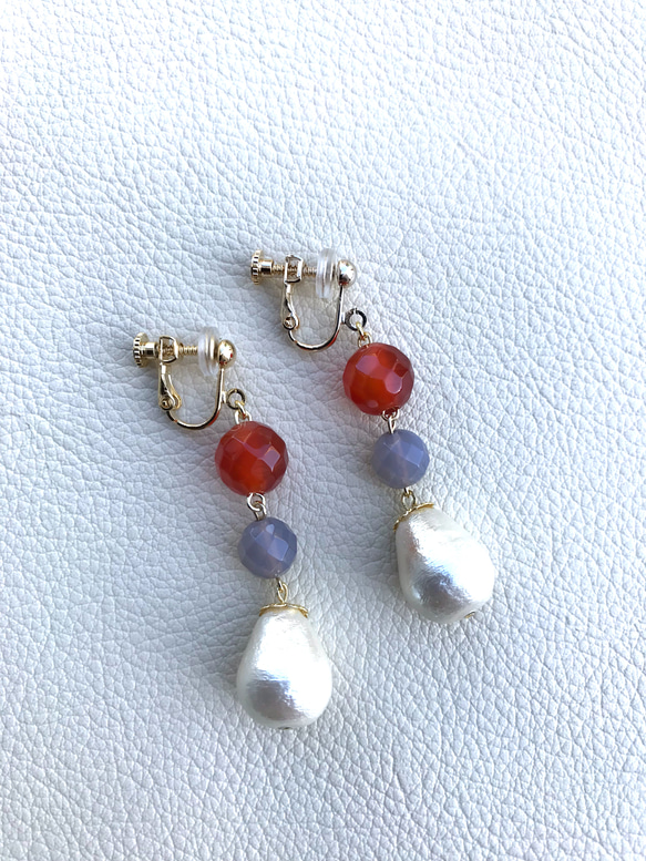 棉珍珠和紅玉耳環* 14KGF耳環*無孔耳環 第2張的照片