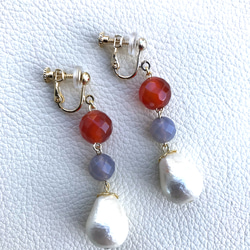 棉珍珠和紅玉耳環* 14KGF耳環*無孔耳環 第3張的照片