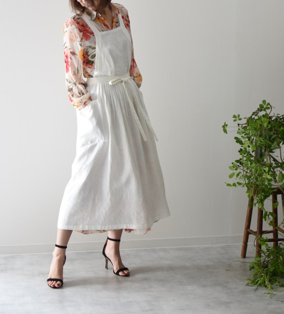 リネン　エプロンドレス　Dressy line White 4枚目の画像