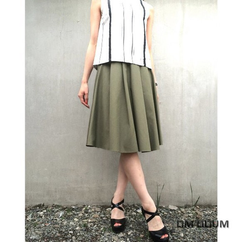 ミディ丈ポリエステルコットンフレアスカート カーキ フレアスカート  