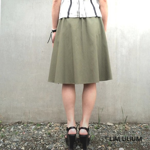 ミディ丈ポリエステルコットンフレアスカート カーキ フレアスカート  