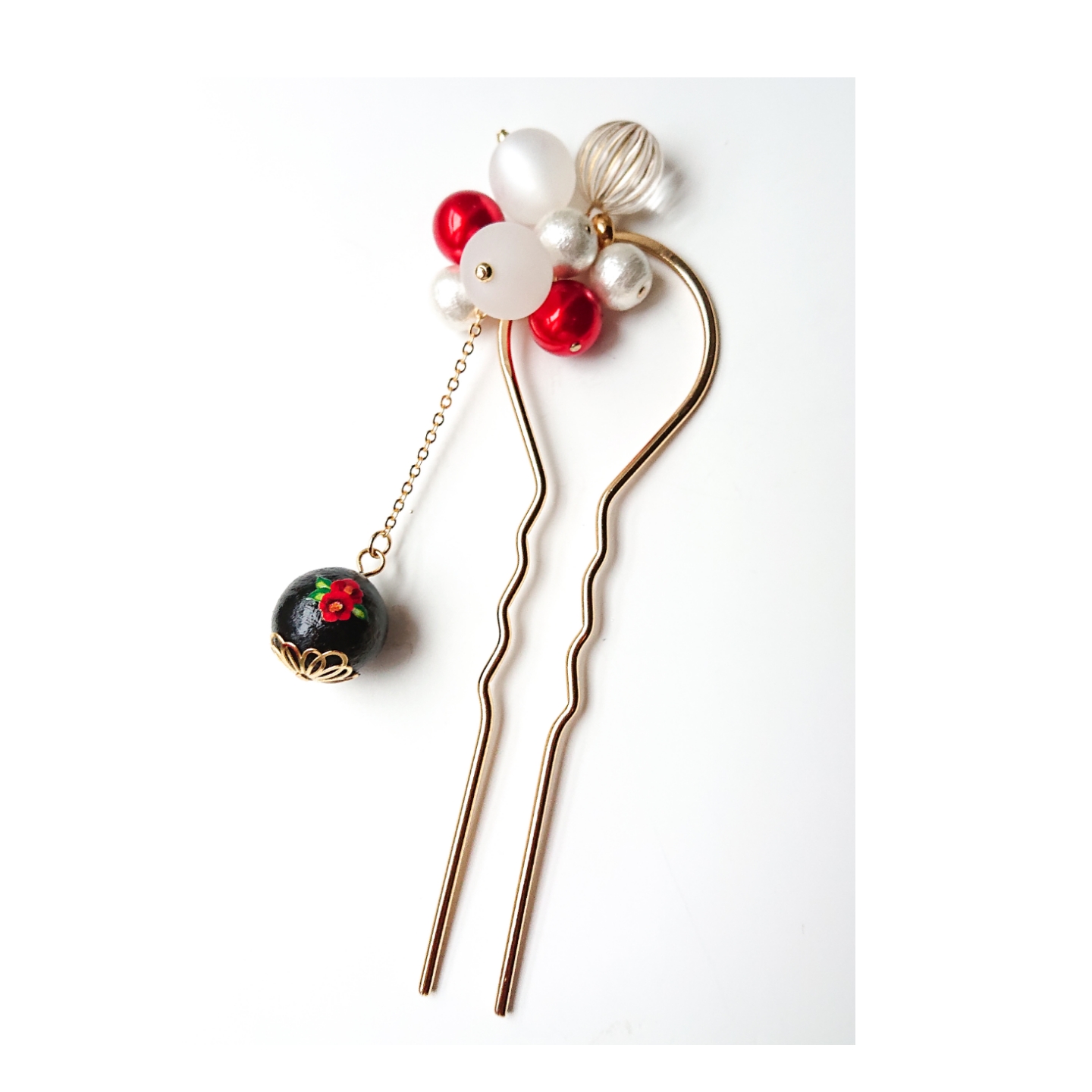 かんざし  簪　コットンパール　-U字型-[椿 in black] 浴衣 着物 ヘアアクセサリー