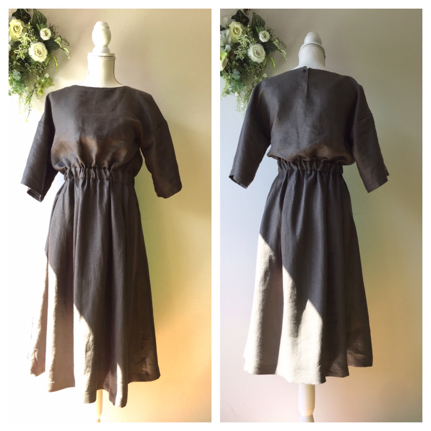 受注製作／フレンチリネン五分袖ワンピース