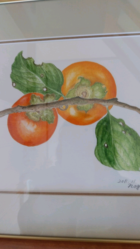 絵画柿とランプのある静物 阪本修次「柿」 油絵 額縁外寸 45.0x36.0x4.5㎝ 絵 33.3x24.2