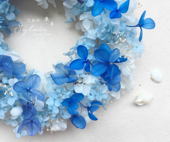 Sylvie花森林-不凋花花圈-藍色漸層海洋風繡球花/滿天星花圈(藍/白) 第3張的照片