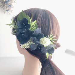 【髪飾り】特別な日のお花のヘアアクセサリー♪デニム生地のアジサイが可愛いです(^^) 1枚目の画像