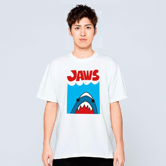 サメ ジョーズ Tシャツ メンズ レディース 半袖 かわいい イラスト 白 夏 大きいサイズ 綿100% 1枚目の画像