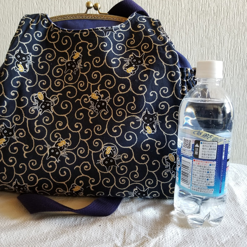 あおりがま口バッグ 3way 招き猫 黒猫 唐草模様 リュック