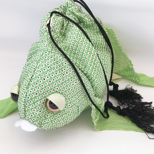 着物リメイク 絞りで巾着 和小物 金魚巾着 グリーン 巾着袋 和 kimono