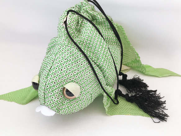 着物リメイク 絞りで巾着 和小物 金魚巾着 グリーン 巾着袋 和 kimono