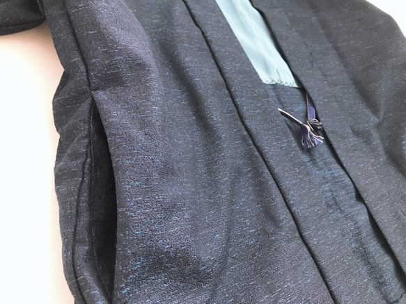 着物リメイク スラッシュポケット付 ロング羽織カーディガン 和コート 和装 和柄 アウター 無地 濃紺色 M〜XL 2枚目の画像