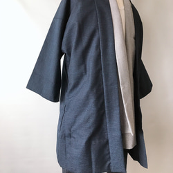 着物リメイク スラッシュポケット付 ロング羽織カーディガン 和コート 和装 和柄 アウター 無地 濃紺色 M〜XL 4枚目の画像