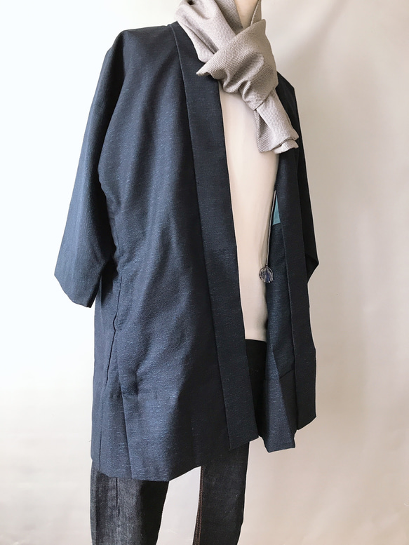 着物リメイク スラッシュポケット付 ロング羽織カーディガン 和コート 和装 和柄 アウター 無地 濃紺色 M〜XL 6枚目の画像