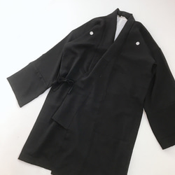 着物リメイク ブラック作務衣コート 五つ紋 和装コート 羽織 ロング ...