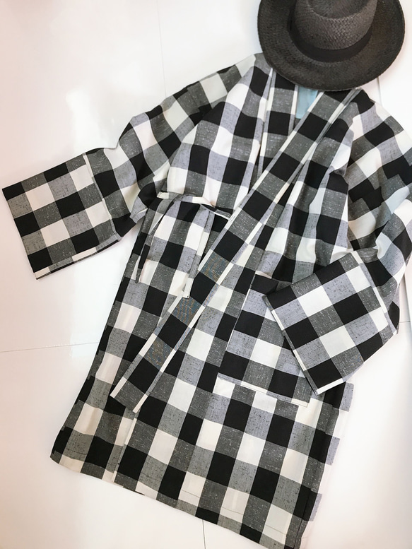 着物リメイク チェック 作務衣コート ロングカーディガン 和コート 和装コート 格子 男女兼用 M〜XL 1枚目の画像