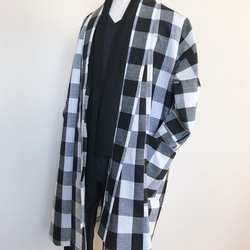 着物リメイク チェック 作務衣コート ロングカーディガン 和コート 和装コート 格子 男女兼用 M〜XL 3枚目の画像