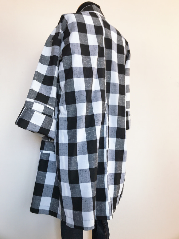 着物リメイク チェック 作務衣コート ロングカーディガン 和コート 和装コート 格子 男女兼用 M〜XL 7枚目の画像