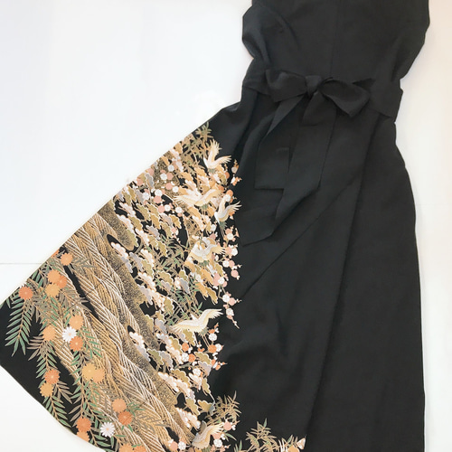 留袖リメイク ロングワンピース ベルト付き 和柄 飛鶴 金 吉祥文様  