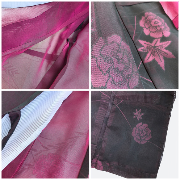 着物リメイク ポケット付 シースルー作務衣コート カーディガン  ハーフ羽織 シアー 衣装 花柄 赤紫 フリーサイズ 10枚目の画像