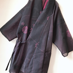 着物リメイク ポケット付 シースルー作務衣コート カーディガン  ハーフ羽織 シアー 衣装 花柄 赤紫 フリーサイズ 1枚目の画像