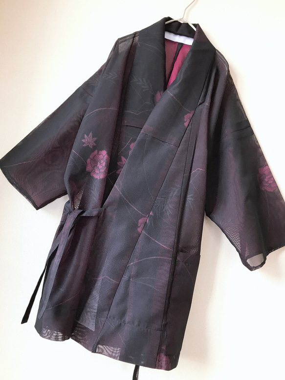 着物リメイク ポケット付 シースルー作務衣コート カーディガン ハーフ  