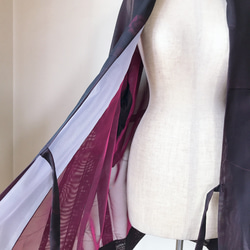 着物リメイク ポケット付 シースルー作務衣コート カーディガン  ハーフ羽織 シアー 衣装 花柄 赤紫 フリーサイズ 9枚目の画像