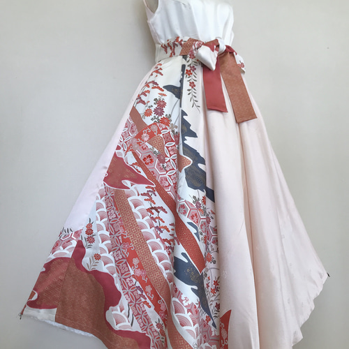 着物リメイク ロングワンピース カラードレス ベルト付き ピンク 和柄  