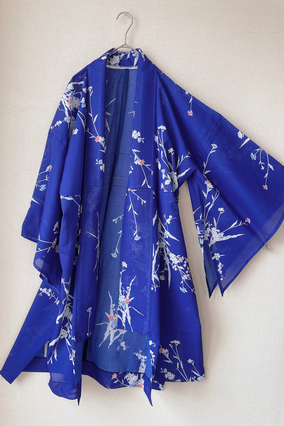 着物リメイク 変形袖 シースルーカーディガン 絽 羽織 着物風 和装 衣装 演奏会 和柄 シアー 衣装 青 フリーサイズ 1枚目の画像
