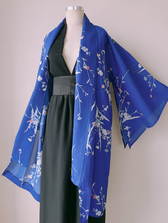 着物リメイク 変形袖 シースルーカーディガン 絽 羽織 着物風 和装 衣装 演奏会 和柄 シアー 衣装 青 フリーサイズ 4枚目の画像